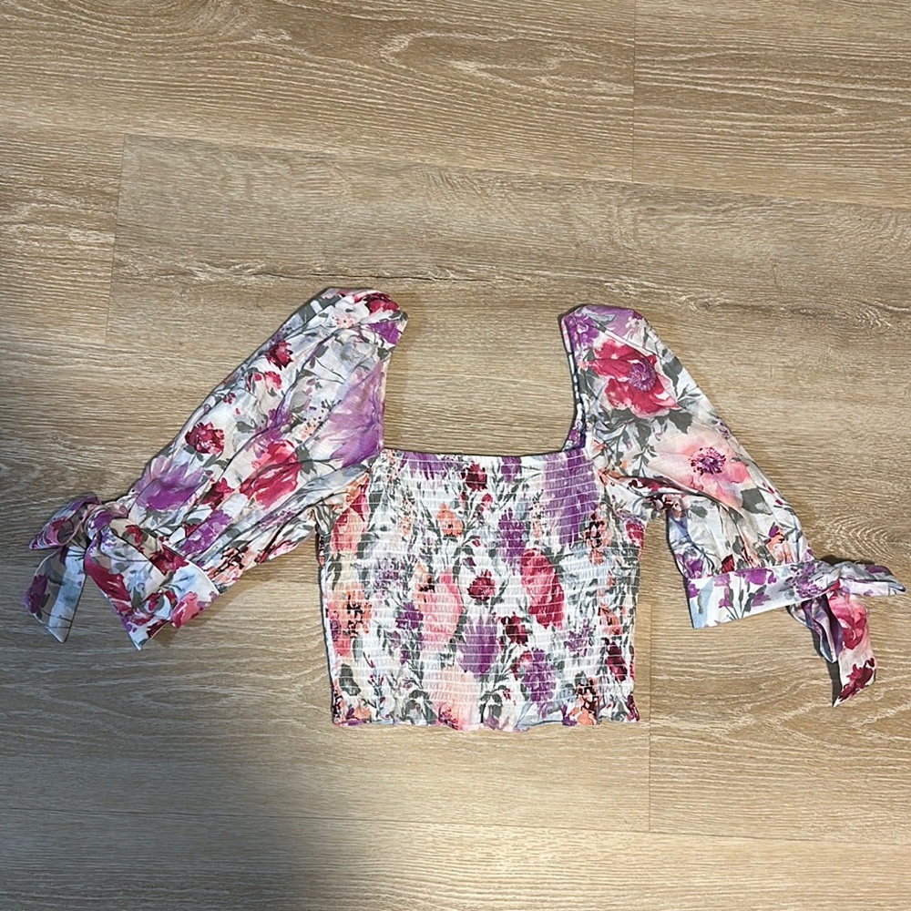 Express Pink and Purple Smocked Puff Sleeve Blouse